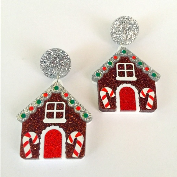 🍏50% OFF/3+...Glittering Acrylic Gingerbread House Dangle Christmas Earrings - Picture 3 of 7